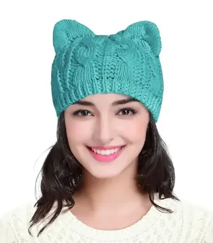 v28 Women Men Girls Boys Teens Cute Cat Ear Knit Cable Rib Hat Cap Beanie - V28