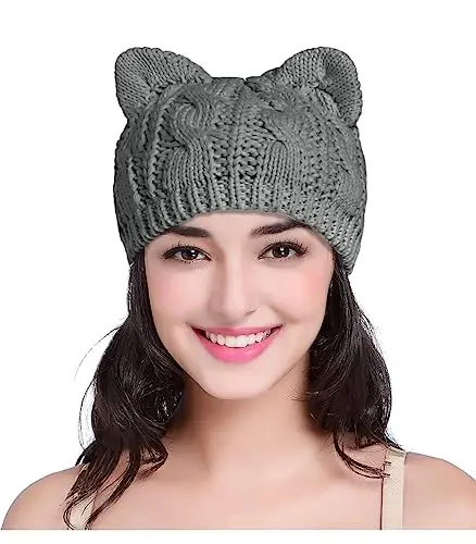 v28 Women Men Girls Boys Teens Cute Cat Ear Knit Cable Rib Hat Cap Beanie - 1