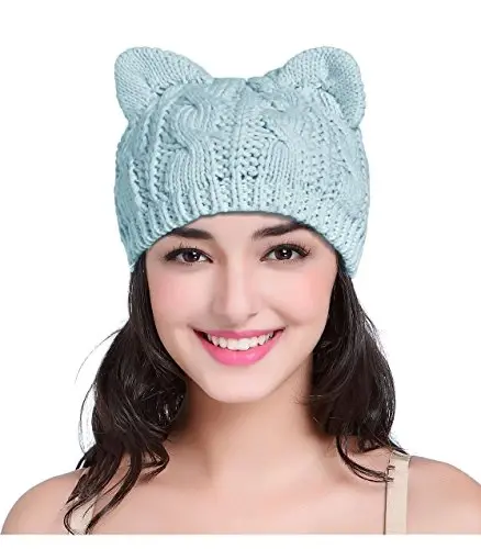 v28 Women Men Girls Boys Teens Cute Cat Ear Knit Cable Rib Hat Cap Beanie - 1