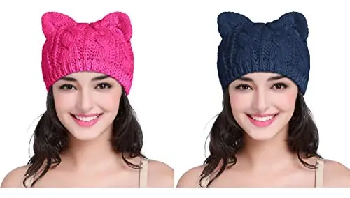 v28 Women Men Girls Boys Teens Cute Cat Ear Knit Cable Rib Hat Cap Beanie - 1