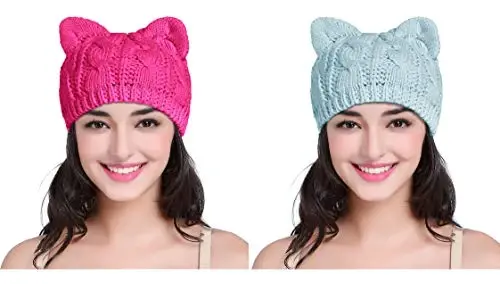 v28 Women Men Girls Boys Teens Cute Cat Ear Knit Cable Rib Hat Cap Beanie - 1