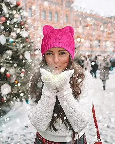 v28 Women Men Girls Boys Teens Cute Cat Ear Knit Cable Rib Hat Cap Beanie - 3