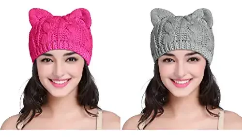 v28 Women Men Girls Boys Teens Cute Cat Ear Knit Cable Rib Hat Cap Beanie - 1