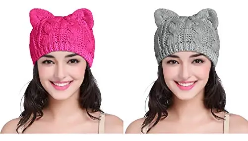 v28 Women Men Girls Boys Teens Cute Cat Ear Knit Cable Rib Hat Cap Beanie - 1