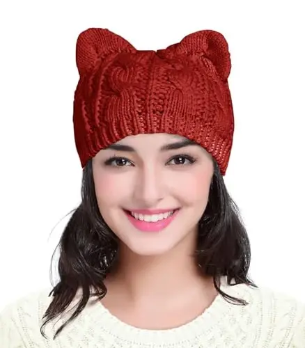 v28 Women Men Girls Boys Teens Cute Cat Ear Knit Cable Rib Hat Cap Beanie - 1