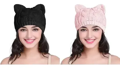 v28 Women Men Girls Boys Teens Cute Cat Ear Knit Cable Rib Hat Cap Beanie - 1