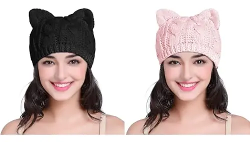 v28 Women Men Girls Boys Teens Cute Cat Ear Knit Cable Rib Hat Cap Beanie - 1