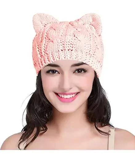 v28 Women Men Girls Boys Teens Cute Cat Ear Knit Cable Rib Hat Cap Beanie - 1