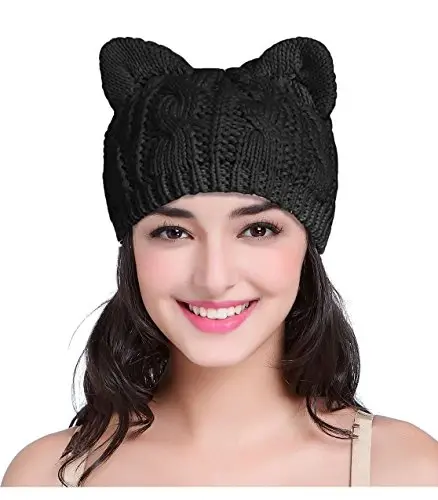 v28 Women Men Girls Boys Teens Cute Cat Ear Knit Cable Rib Hat Cap Beanie - 1