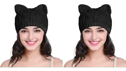 v28 Women Men Girls Boys Teens Cute Cat Ear Knit Cable Rib Hat Cap Beanie - V28
