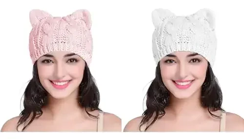 v28 Women Men Girls Boys Teens Cute Cat Ear Knit Cable Rib Hat Cap Beanie - 1