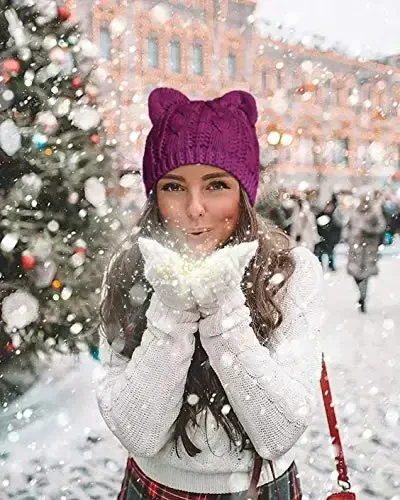 v28 Women Men Girls Boys Teens Cute Cat Ear Knit Cable Rib Hat Cap Beanie - 4