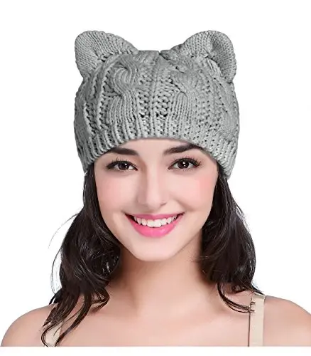 v28 Women Men Girls Boys Teens Cute Cat Ear Knit Cable Rib Hat Cap Beanie - V28