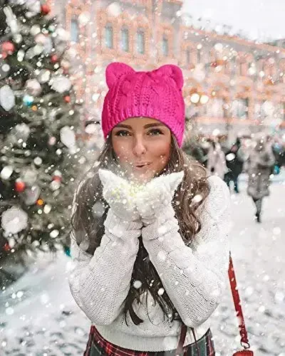 v28 Women Men Girls Boys Teens Cute Cat Ear Knit Cable Rib Hat Cap Beanie - 4