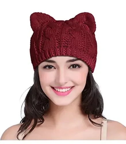 v28 Women Men Girls Boys Teens Cute Cat Ear Knit Cable Rib Hat Cap Beanie - 1