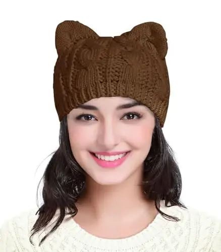 v28 Women Men Girls Boys Teens Cute Cat Ear Knit Cable Rib Hat Cap Beanie - 1