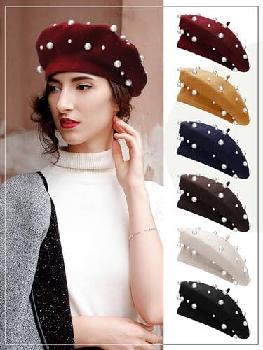 Vabean Wool Berets Pearl Beaded Beret Cap Beanie French Beret Hats for Women Girl Sweet Elegant Starry Pearl Hat - 12