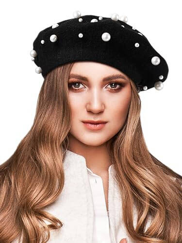 Vabean Wool Berets Pearl Beaded Beret Cap Beanie French Beret Hats for Women Girl Sweet Elegant Starry Pearl Hat - 1