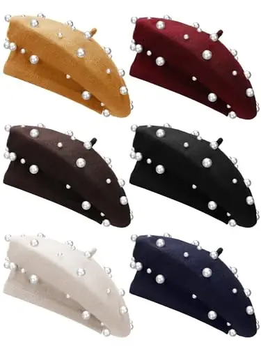 Vabean Wool Berets Pearl Beaded Cap Beanie Sweet Elegant French Beret Artist Pearl Hat for Women Lady - VABEAN