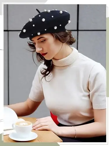 Vabean Wool Berets Pearl Beaded Cap Beanie Sweet Elegant French Beret Artist Pearl Hat for Women Lady - 3