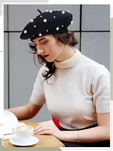 Vabean Wool Berets Pearl Beaded Cap Beanie Sweet Elegant French Beret Artist Pearl Hat for Women Lady - 3