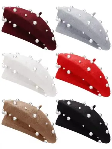 Vabean Wool Berets Pearl Beaded Cap Beanie Sweet Elegant French Beret Artist Pearl Hat for Women Lady 