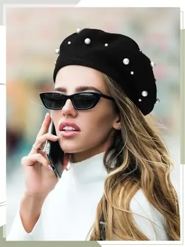 Vabean Wool Berets Pearl Beaded Cap Beanie Sweet Elegant French Beret Artist Pearl Hat for Women Lady - 5