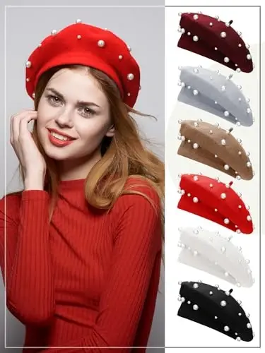 Vabean Wool Berets Pearl Beaded Cap Beanie Sweet Elegant French Beret Artist Pearl Hat for Women Lady - 6