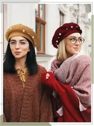 Vabean Wool Berets Pearl Beaded Cap Beanie Sweet Elegant French Beret Artist Pearl Hat for Women Lady - 2