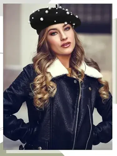 Vabean Wool Berets Pearl Beaded Cap Beanie Sweet Elegant French Beret Artist Pearl Hat for Women Lady - 5