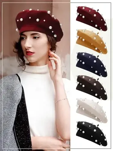 Vabean Wool Berets Pearl Beaded Cap Beanie Sweet Elegant French Beret Artist Pearl Hat for Women Lady - 6