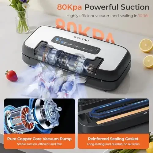 Vacuum Sealer Machine, SEATAO 80Kpa Food Vacuum Sealer Machine Preservation Dry/Moist Modes, Handle Locked Design, Removable Drip Tray, Built-in Cutter and Bag Storage - 3