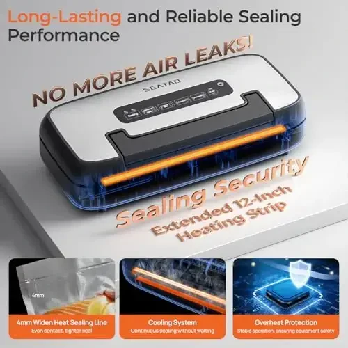 Vacuum Sealer Machine, SEATAO 80Kpa Food Vacuum Sealer Machine Preservation Dry/Moist Modes, Handle Locked Design, Removable Drip Tray, Built-in Cutter and Bag Storage - 4