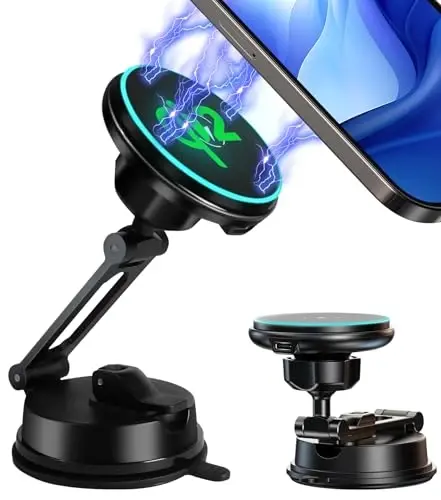 【Vacuum Suction Folding Car Mount】 Certified Qi2 Charger for MagSafe, 360° Adjustable Aluminum Alloy Arm, Phone Holder for Tesla/Car Rental/Gym/Mirror/Shower/Smooth Surface iPhone 17/16/15 Pro Max - 5