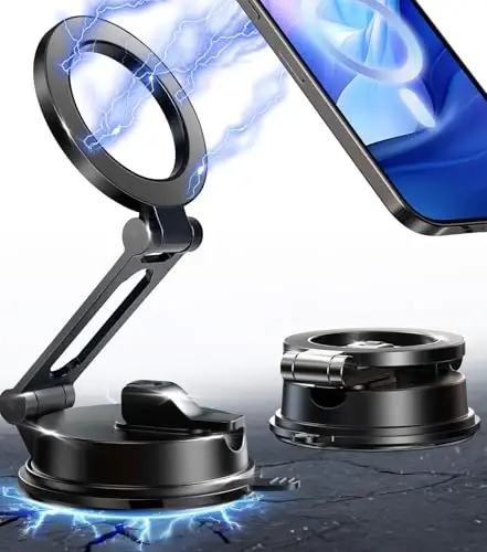 【Vacuum Suction Folding Car Mount】 Magnetic Car Phone Holder for magsafe, Aerospace Alloy Arm, Best Dashboard/Windshield/Screen Holder for Your Car/Tesla/Gym/Mirror/Shower/Smooth Surface/iPhone - 7