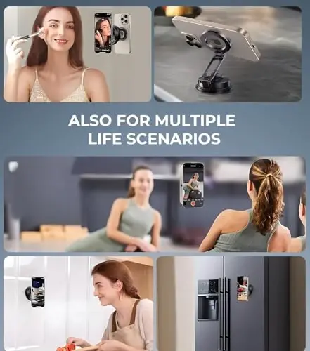 【Vacuum Suction Folding Car Mount】 Magnetic Car Phone Holder for magsafe, Aerospace Alloy Arm, Best Dashboard/Windshield/Screen Holder for Your Car/Tesla/Gym/Mirror/Shower/Smooth Surface/iPhone - 4