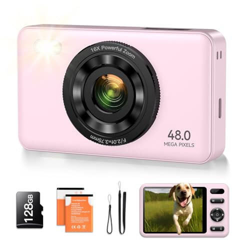 Vaktare Gud Digital Camera with 128GB SD Card Autofocus 48MP 2.7K Cameras for Photography 16X Digital Zoom Anti Shake 2 Batteries Kids Camera for Beginner Boys Girls Teens Gift - Pink - 1