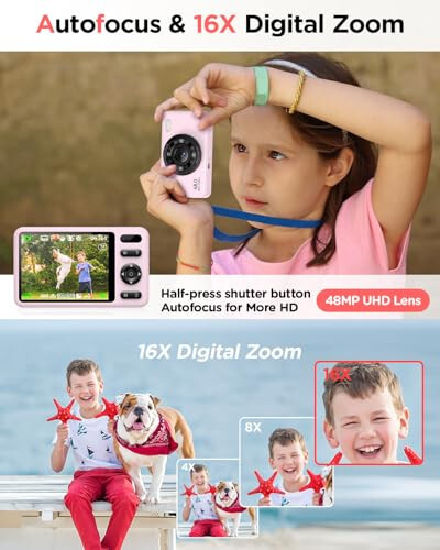 Vaktare Gud Digital Camera with 128GB SD Card Autofocus 48MP 2.7K Cameras for Photography 16X Digital Zoom Anti Shake 2 Batteries Kids Camera for Beginner Boys Girls Teens Gift - Pink - 3