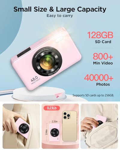 Vaktare Gud Digital Camera with 128GB SD Card Autofocus 48MP 2.7K Cameras for Photography 16X Digital Zoom Anti Shake 2 Batteries Kids Camera for Beginner Boys Girls Teens Gift - Pink - 4