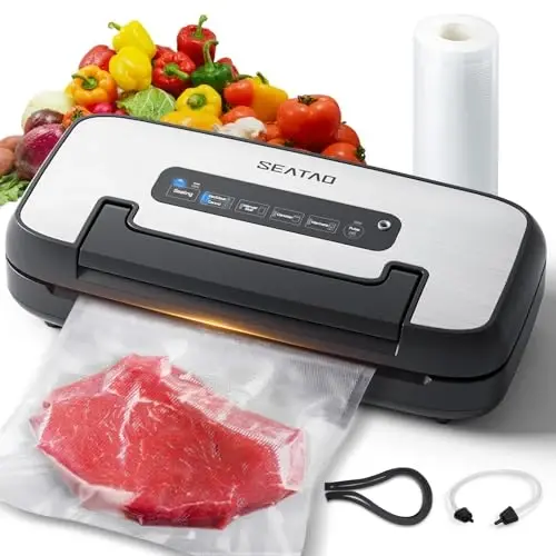 SEATAO Vacuum Sealer Machine for Food, 80Kpa Powerful Food Sealer Vacuum Sealer for Dry/Moist, 7-in-1 Seal a Meal for Sous Vide, Easy-Lock Handle, Built-in Cutter & Bag Storage, Removable Drip Tray - 1