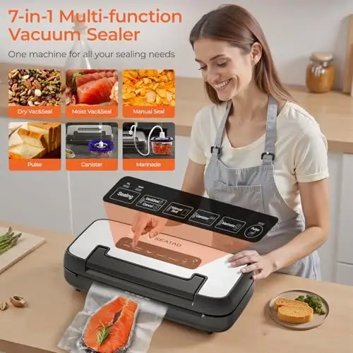 SEATAO Vacuum Sealer Machine for Food, 80Kpa Powerful Food Sealer Vacuum Sealer for Dry/Moist, 7-in-1 Seal a Meal for Sous Vide, Easy-Lock Handle, Built-in Cutter & Bag Storage, Removable Drip Tray - 2