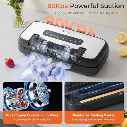 SEATAO Vacuum Sealer Machine for Food, 80Kpa Powerful Food Sealer Vacuum Sealer for Dry/Moist, 7-in-1 Seal a Meal for Sous Vide, Easy-Lock Handle, Built-in Cutter & Bag Storage, Removable Drip Tray - 3