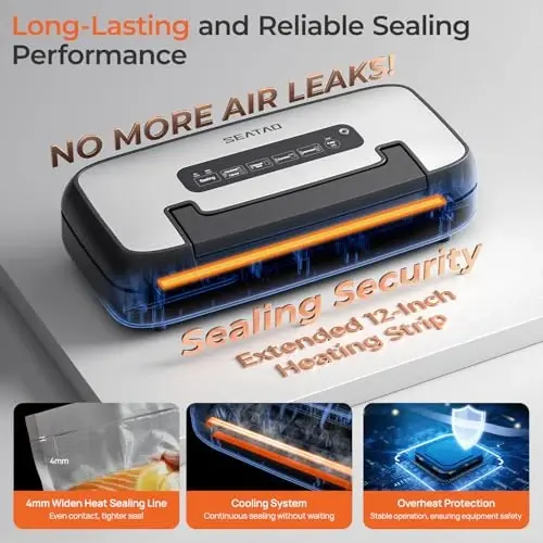 SEATAO Vacuum Sealer Machine for Food, 80Kpa Powerful Food Sealer Vacuum Sealer for Dry/Moist, 7-in-1 Seal a Meal for Sous Vide, Easy-Lock Handle, Built-in Cutter & Bag Storage, Removable Drip Tray - 4