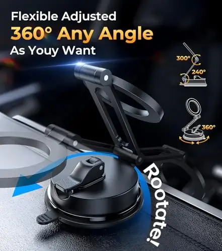 【Vacuum Suction Folding Car Mount】 Magnetic Car Phone Holder for magsafe, Aerospace Alloy Arm, Best Dashboard/Windshield/Screen Holder for Your Car/Tesla/Gym/Mirror/Shower/Smooth Surface/iPhone - 3
