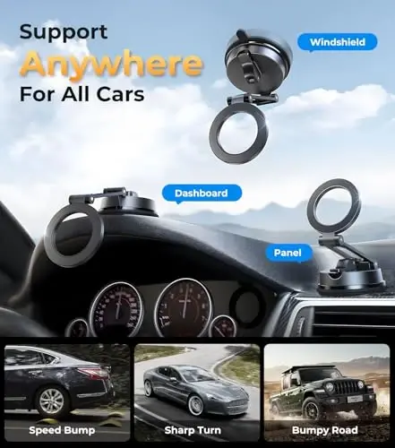 【Vacuum Suction Folding Car Mount】Magnetic Car Phone Holder for magsafe, Aerospace Alloy Arm, Best Dashboard/Windshield/Screen Holder for Your Car/Tesla/Gym/Mirror/Shower/Smooth Surface/iPhone - AREDAN (1)