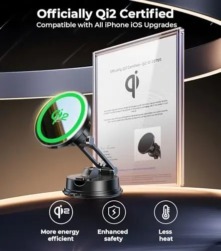 【Vacuum Suction Folding Car Mount】 Certified Qi2 Charger for MagSafe, 360° Adjustable Aluminum Alloy Arm, Phone Holder for Tesla/Car Rental/Gym/Mirror/Shower/Smooth Surface iPhone 17/16/15 Pro Max - 4
