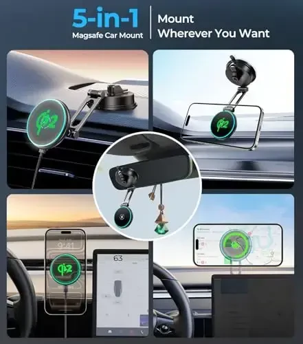 Certified Qi2 Car Phone Mount Charger for MagSafe, 360° Adjustable & Folding Arm, Universal Dashboard Windshield Mirror Screen Magnetic Holder for Tesla Model 3/Y Accessories & iPhone 17/16/15 Pro Max - 6