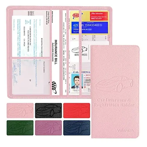 Valardoh Premium Car Registration and Insurance Card Holder, Car Document Holder for Cards, Driver License & other Essential Documents (Pink) 