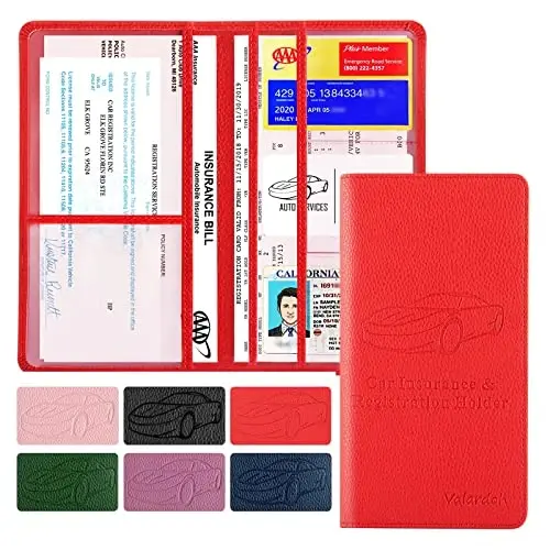 Valardoh Premium Car Registration and Insurance Card Holder, Car Document Holder for Cards, Driver License & other Essential Documents (Red) 