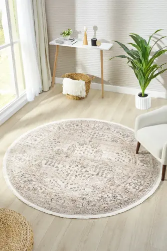 Valeria %100 Polyester Vintage Modern Dokuma Salon Oturma Odası Halısı - KREM GRİ - 1